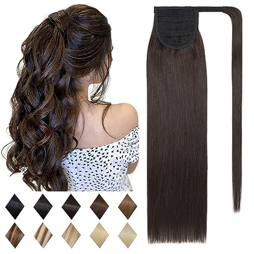 SEGO Ponytail Extension Human Hair Real Human Hair Clip In Wrap Around Long Straight Ponytail With Magic Paste Pony Hairpieces for Women 22 Inch 95g 2 Dark Brown